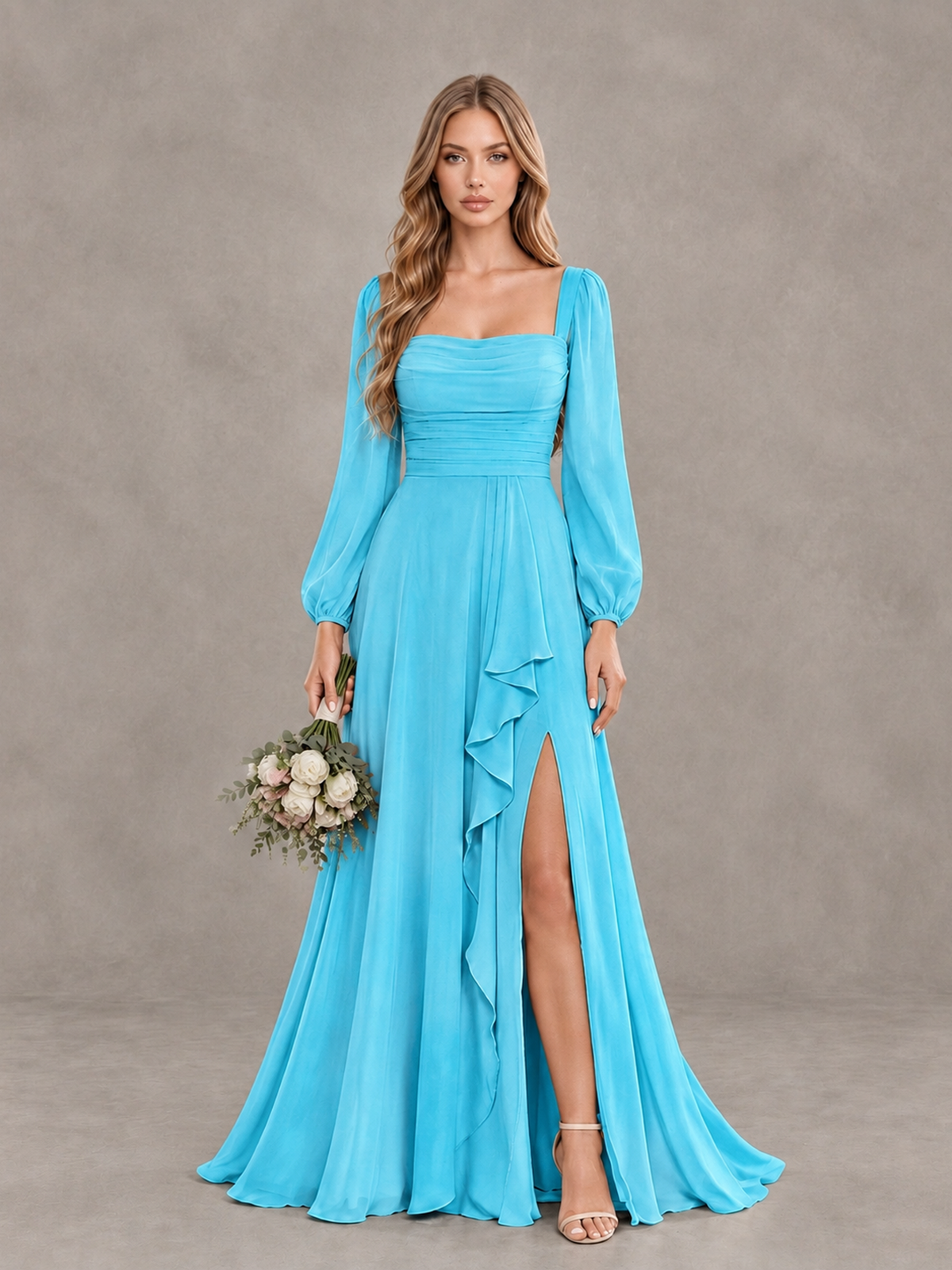 BOLODOO Pool Square Neck Long Sleeve Bridesmaid Dress with Ruffle Slit - Pool - Pool_1