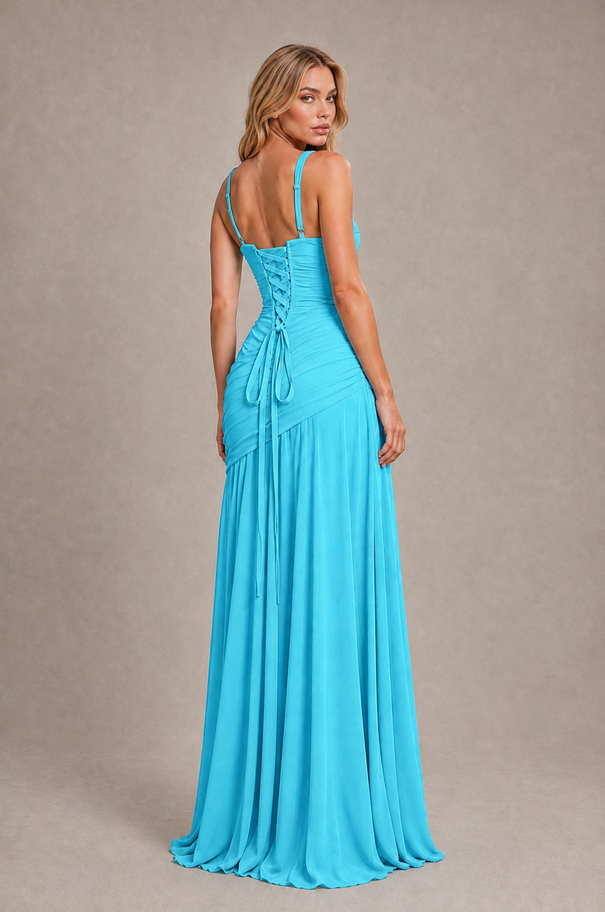 BOLODOO Pool Spaghetti Strap Ruched Maxi Dress – Formal Evening Gown with Slit - Pool - Pool_2