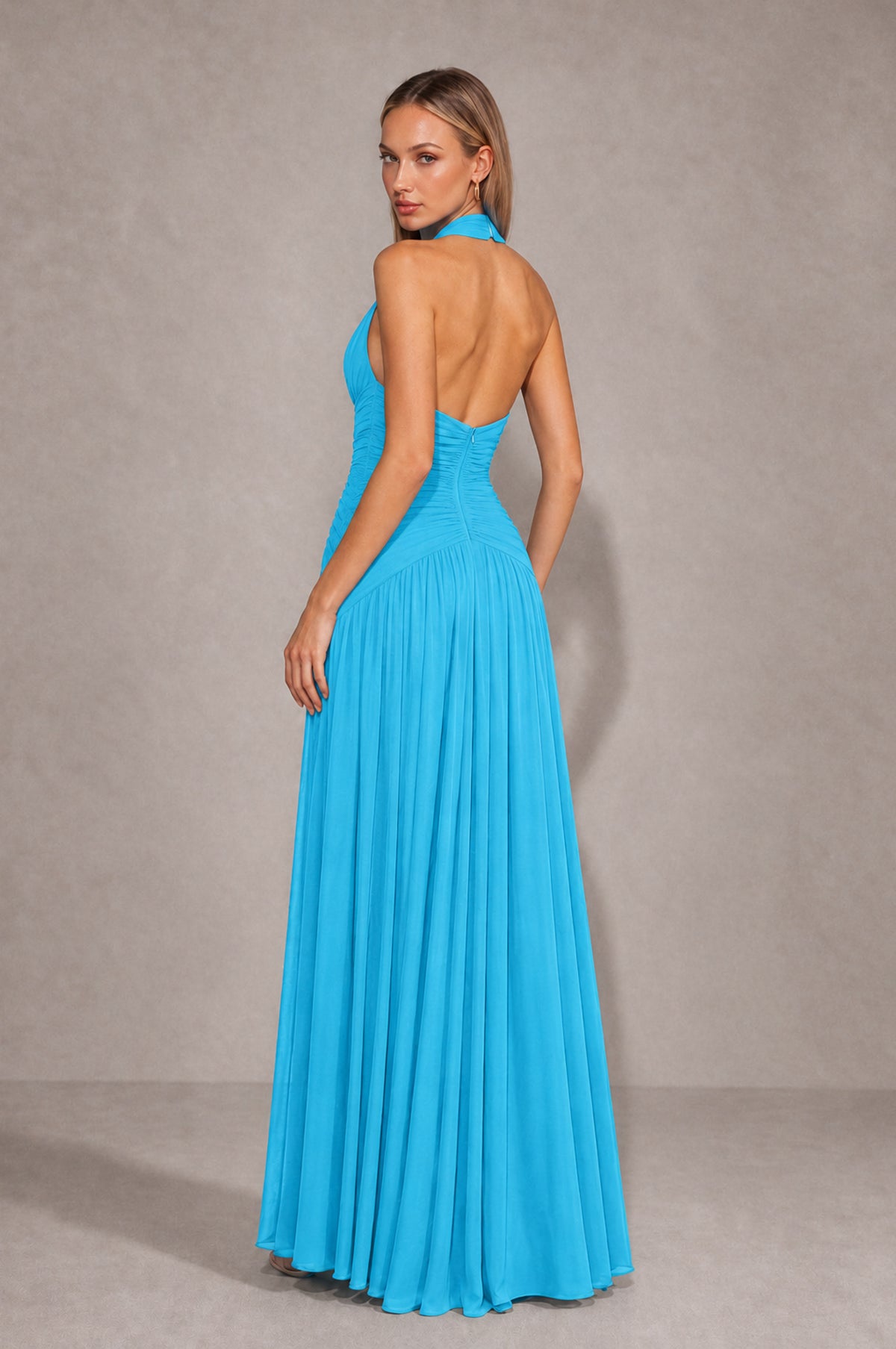 BOLODOO Pool Chiffon Halter Deep V-Neck Ruched A-Line Backless Maxi Dress with Train-BD0167 - Pool - Pool_2