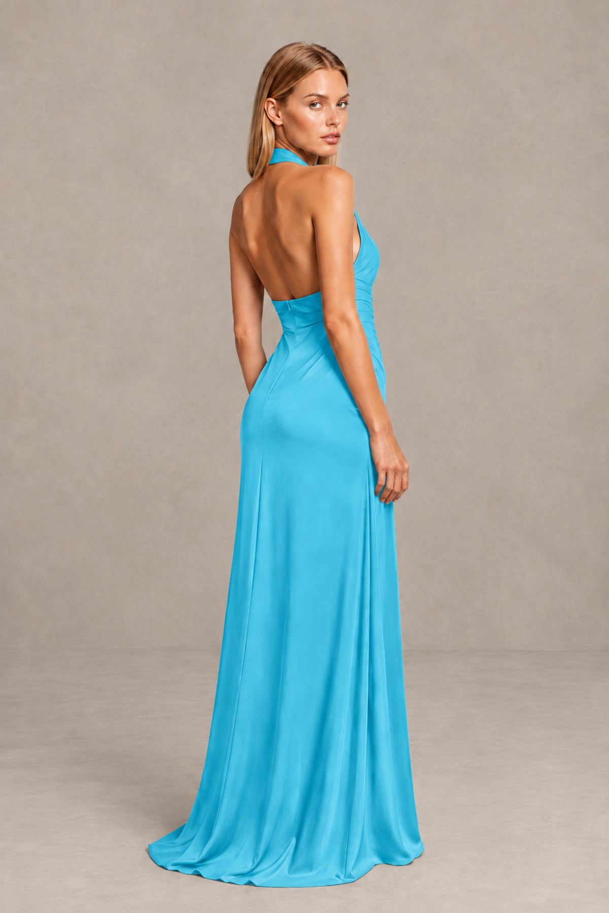 BOLODOO Pool Twisted Halter Neck Ruched Sleeveless Open Back Floor-Length Gown - Pool - Pool_2