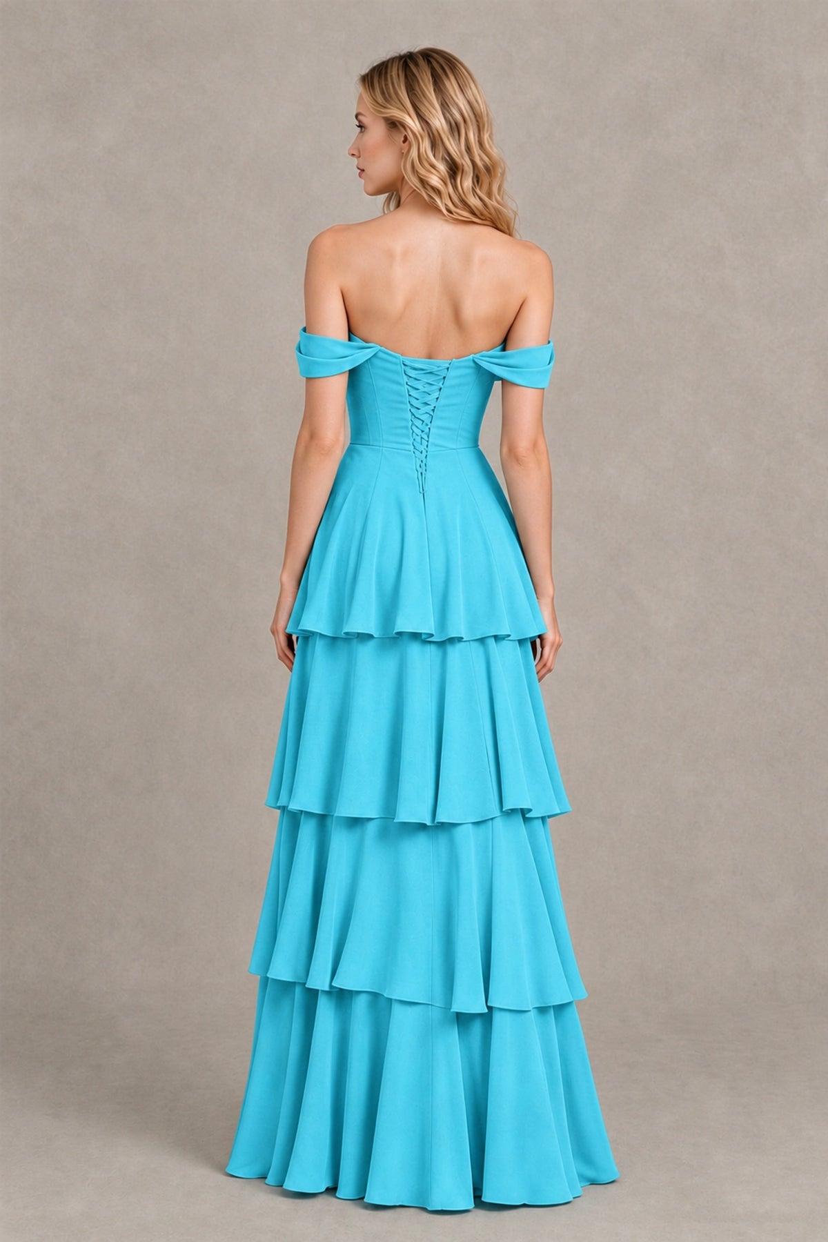 BOLODOO Pool Off-the-Shoulder Tiered A-Line Evening Bridesmaid Dress - Pool - Pool_2