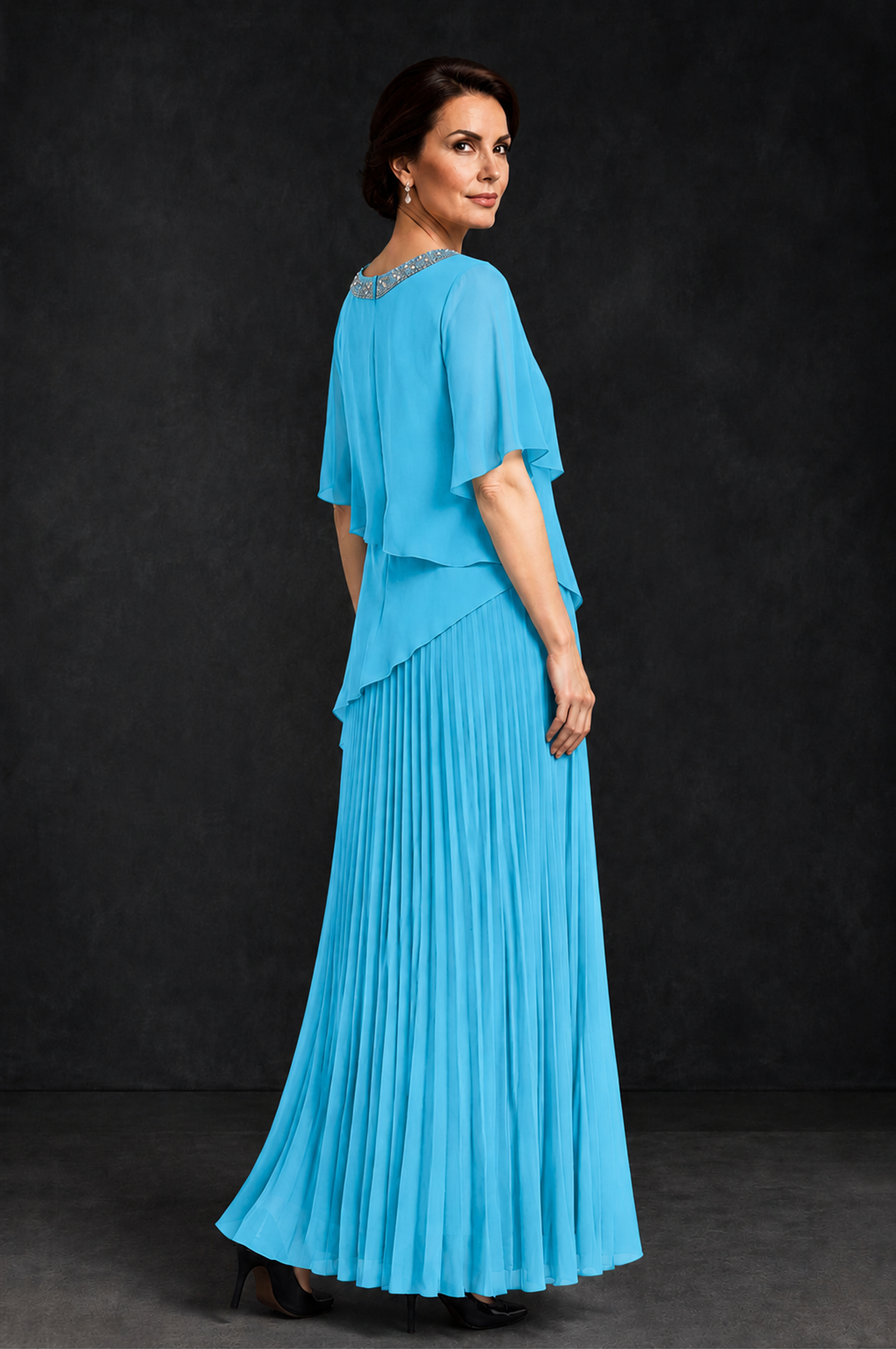 BOLODOO Pool Pearl Beaded Neck Asymmetric Tiered Flutter Sleeve Pleated Chiffon Maxi Dress - Pool - Pool_2