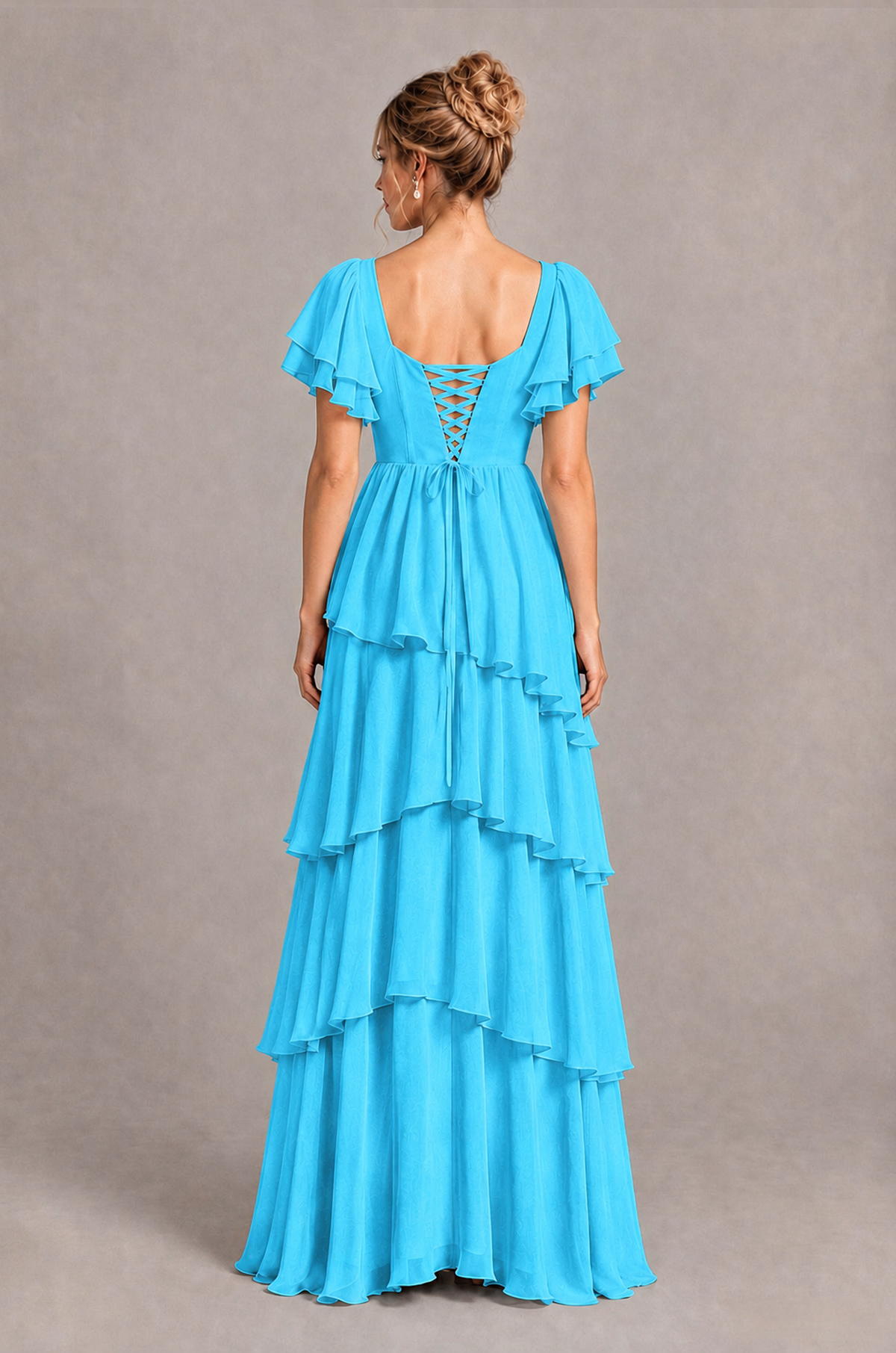 BOLODOO Pool Square Neck Flutter Sleeve Tiered Chiffon Bridesmaid Dress with Lace-Up Back - Pool - Pool_2