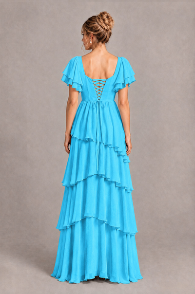 BOLODOO Pool Square Neck Flutter Sleeve Tiered Chiffon Bridesmaid Dress with Lace-Up Back - Pool - Pool_2