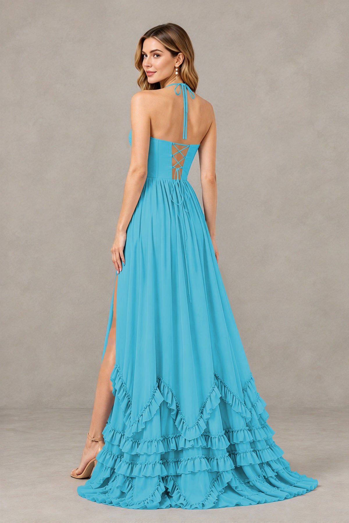 BOLODOO Pool Halter Ruffle Hem A-Line Bridesmaid Dress with High Slit - Pool - Pool(2)