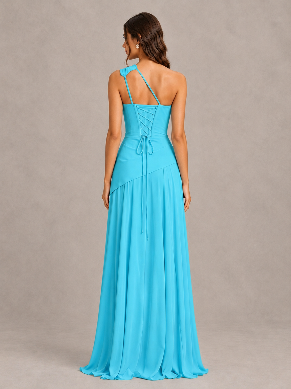 BOLODOO Pool One-Shoulder Lace-Up Back Bridesmaid Dress - Pool - Pool_2