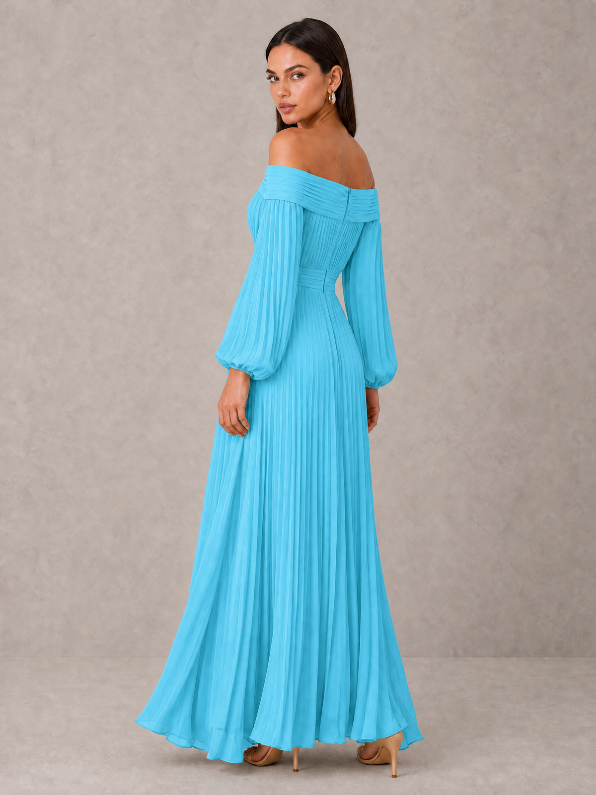 BOLODOO Pool Off-Shoulder Long Sleeve Pleated High-Low Dress - Pool - Pool_2