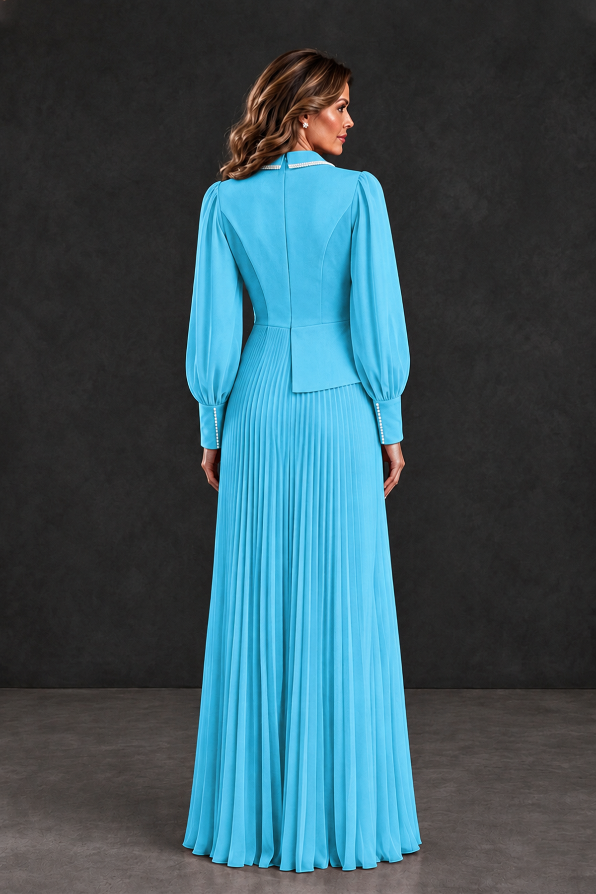 BOLODOO Pool Long Sleeve Pleated Mother of the Bride Dress - Pool - Pool_2