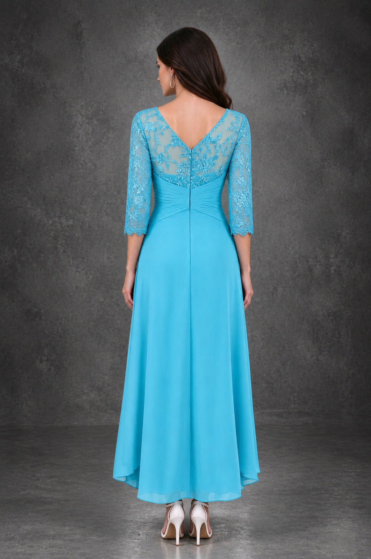BOLODOO Pool Sequin Lace & Chiffon Tea-Length Mother of the Bride Dress with 3/4 Sleeves - Pool - Pool_2