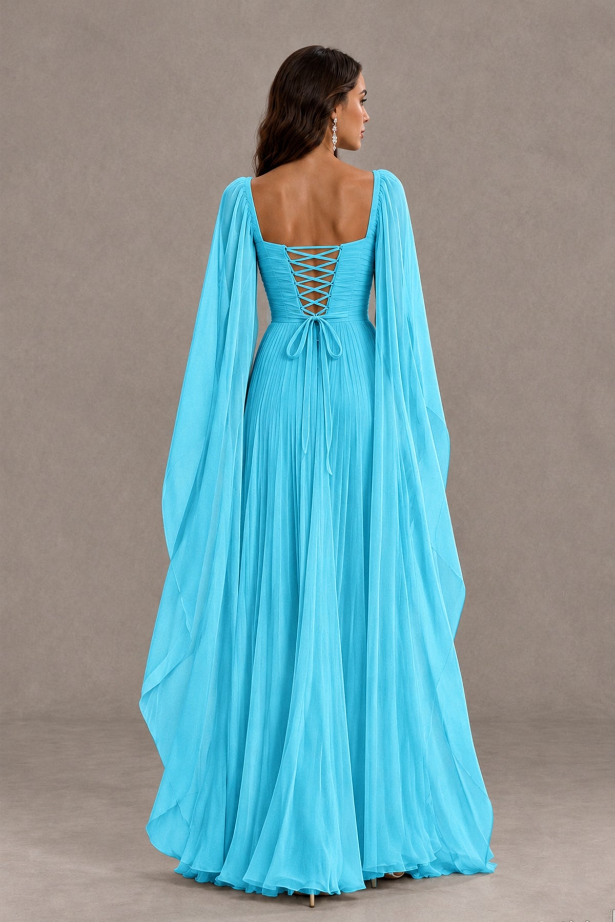 BOLODOO Pool Square Neck Cape Sleeve A-Line Evening Dress - Pool - Pool_2