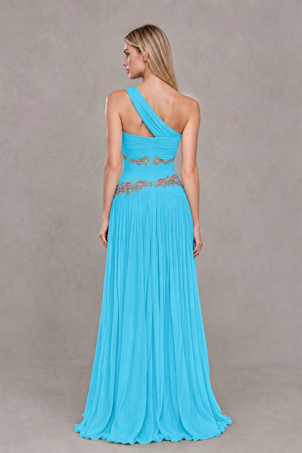 BOLODOO Pool One-Shoulder Floral Applique A-Line Evening Dress - Pool - Pool_2