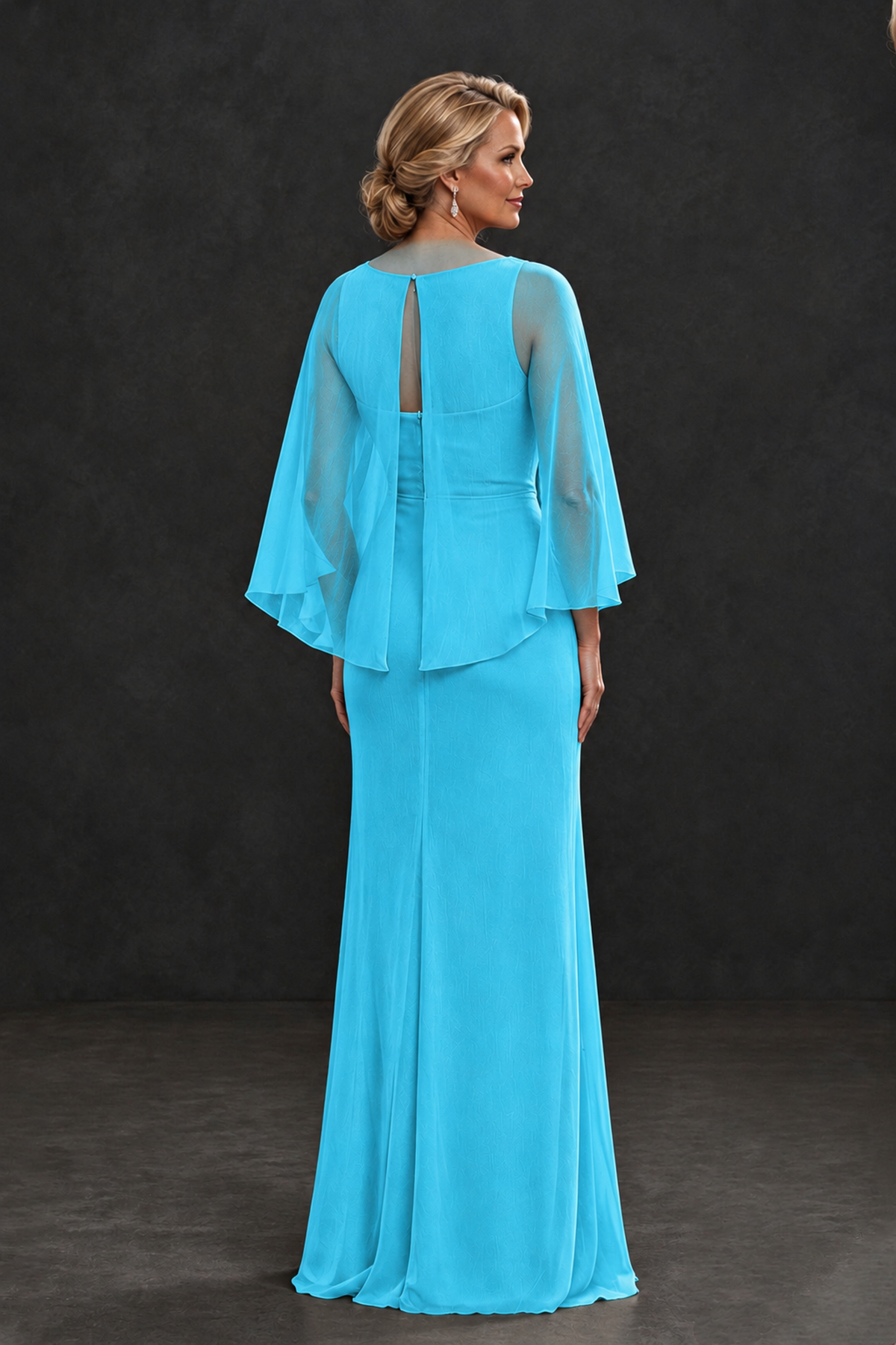 BOLODOO Pool Cape Sleeve Mother of the Bride Dress with Ruched Waist - Pool - Pool_2