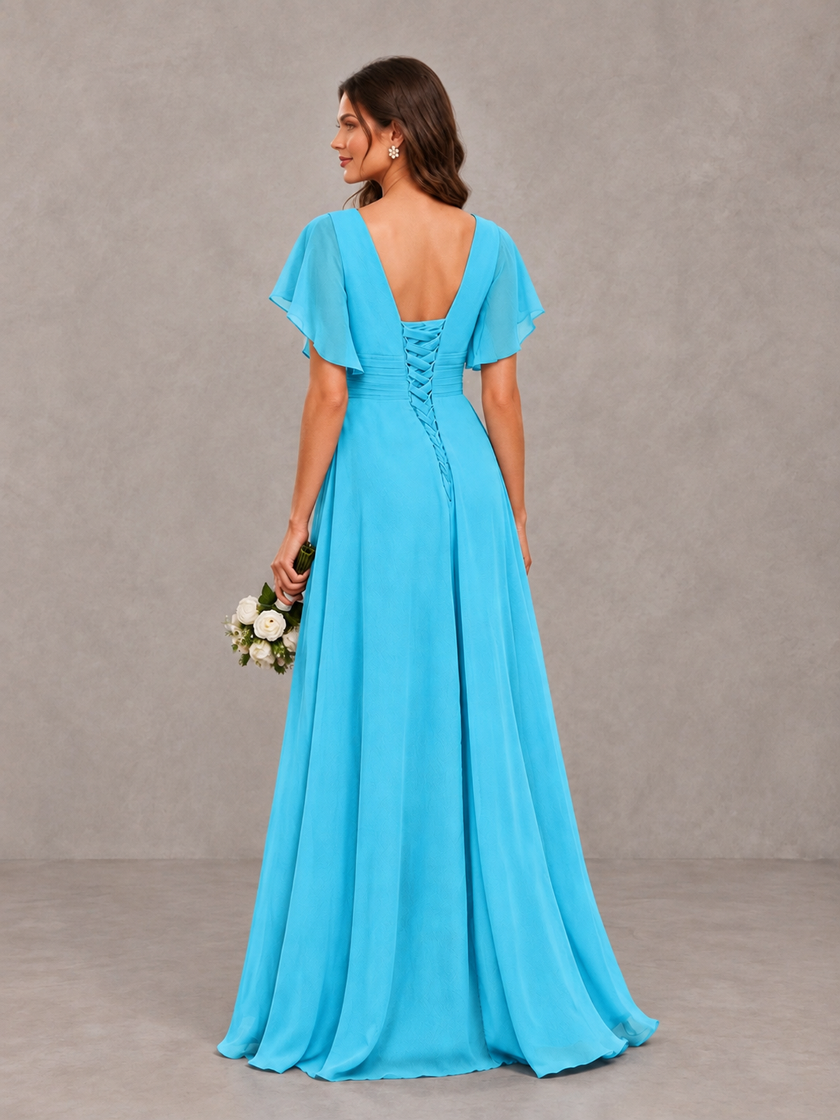 BOLODOO Pool Flutter Sleeve V-Neck Bridesmaid Dress with Ruffle Slit - Pool - Pool_2