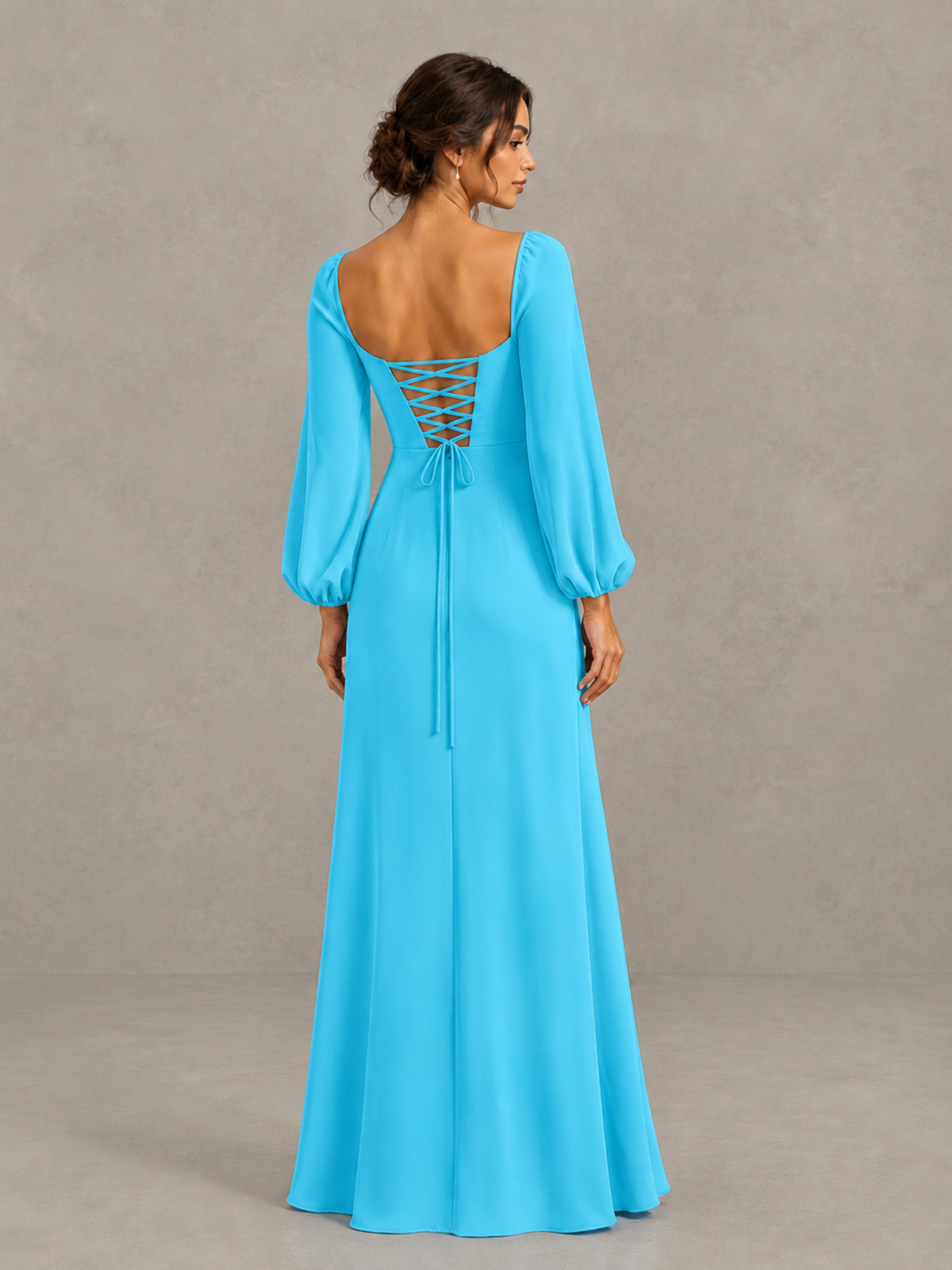 BOLODOO Pool Square Neck Long Sleeve Bridesmaid Dress with High Slit - Pool - Pool_2