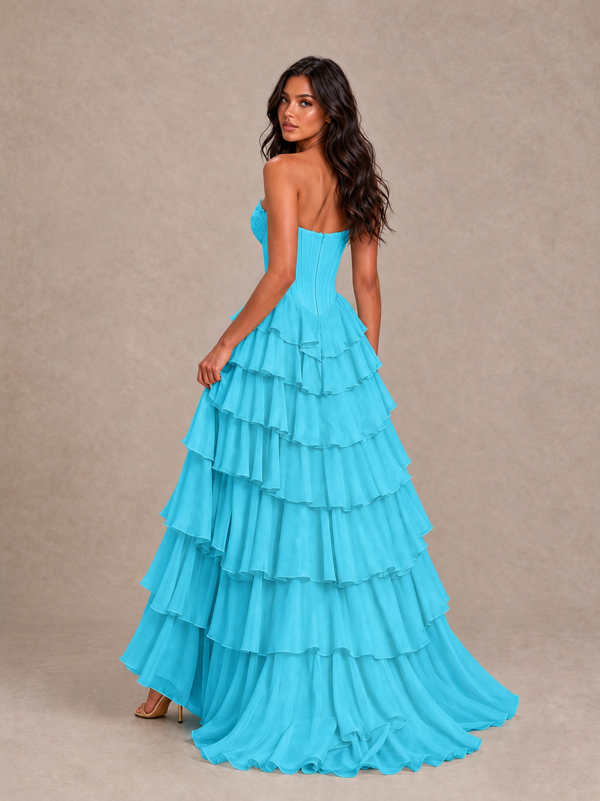 BOLODOO Pool Strapless Corset Tiered Ruffle Prom Dress with High Slit - Pool - Pool_2