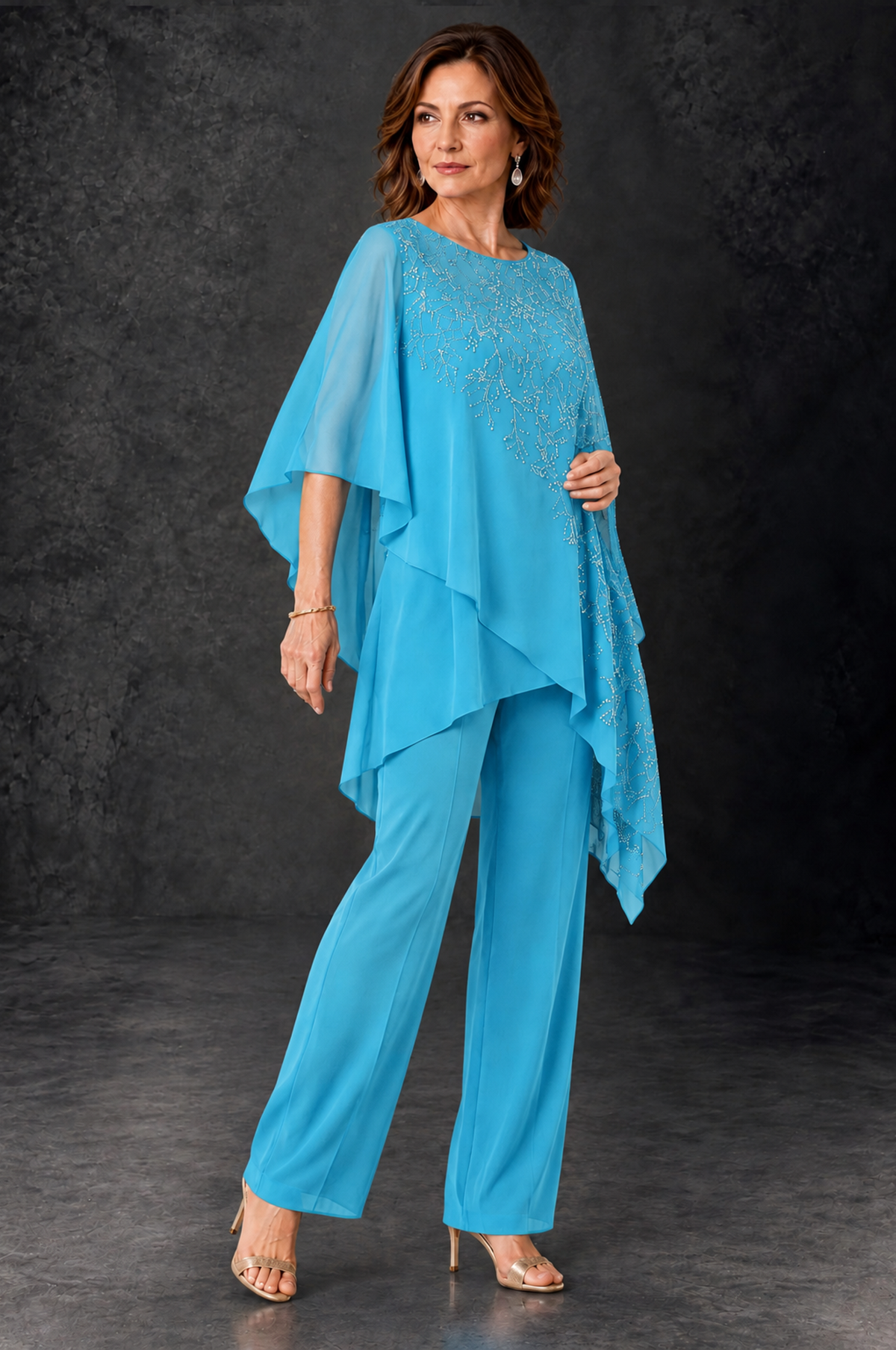 BOLODOO Pool Embellished Cape Pant Suit for Mother of the Bride - Pool - Pool_2