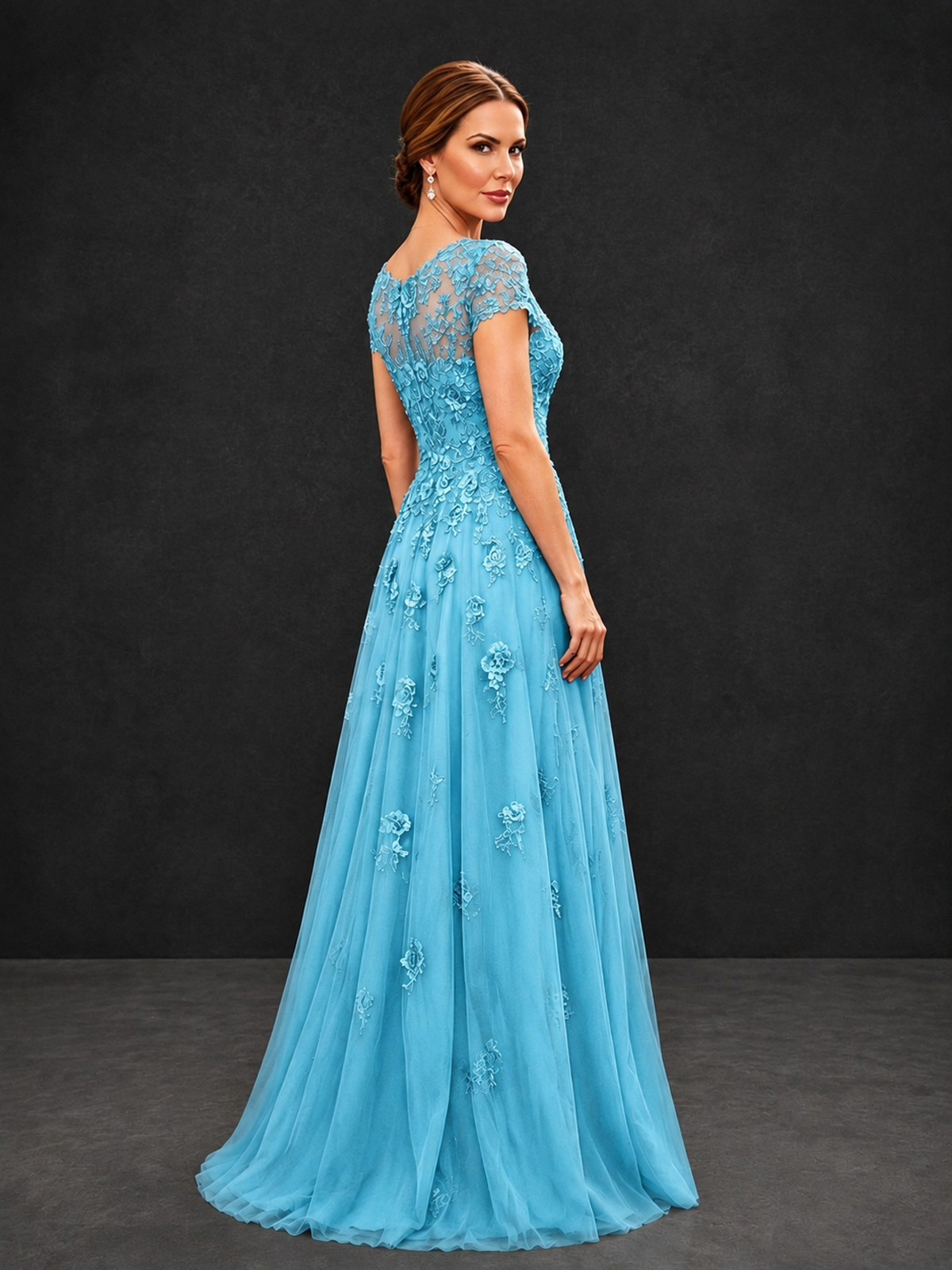 BOLODOO Pool Cap Sleeve Lace Appliqué A-Line Formal Gown | Mother of the Bride Dress - Pool - Pool_2