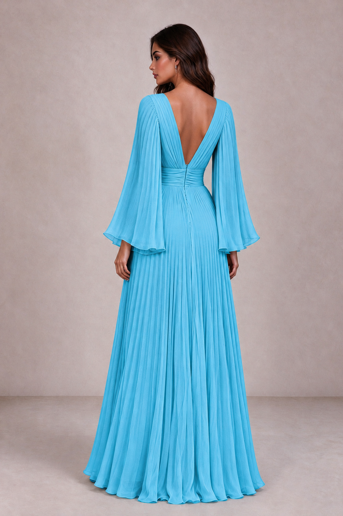 BOLODOO Pool Pleated Deep V-Neck Long Bell Sleeve Evening Dress - Pool - Pool_2