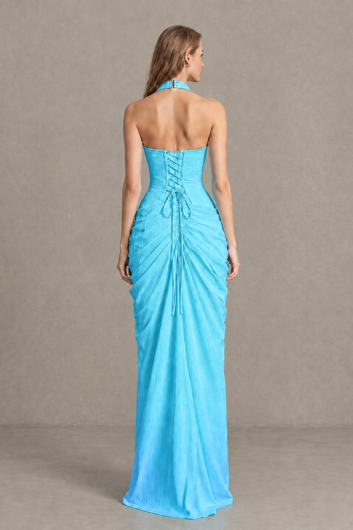 BOLODOO Pool Halter Neck Ruched Maxi Dress with High Slit - Pool - Pool_2
