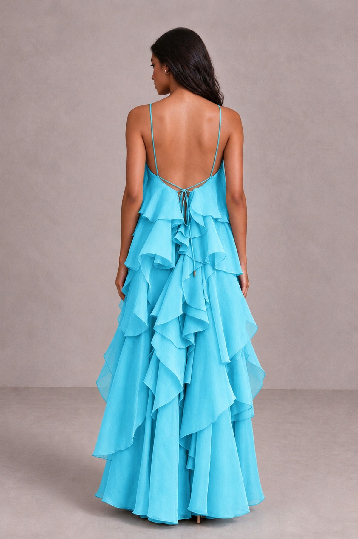 BOLODOO Pool Cascading Ruffle Rosette Open-Back Maxi Dress - Pool - Pool_2