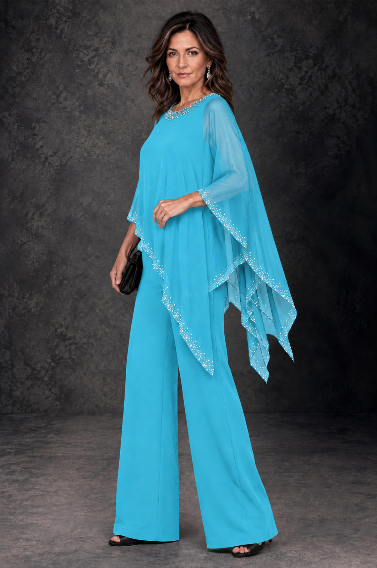 BOLODOO Pool Embellished Cape Mother of the Bride Pantsuit - Pool - Pool_2