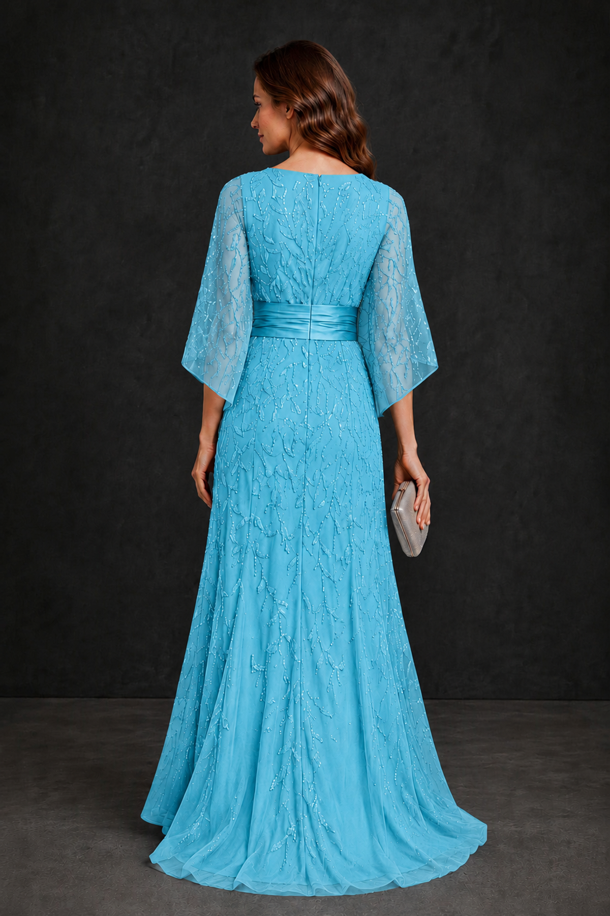 BOLODOO Pool Bateau Neck Bell Sleeve Sequin Embroidered Satin Waist A-Line Maxi Dress - Pool - Pool_2