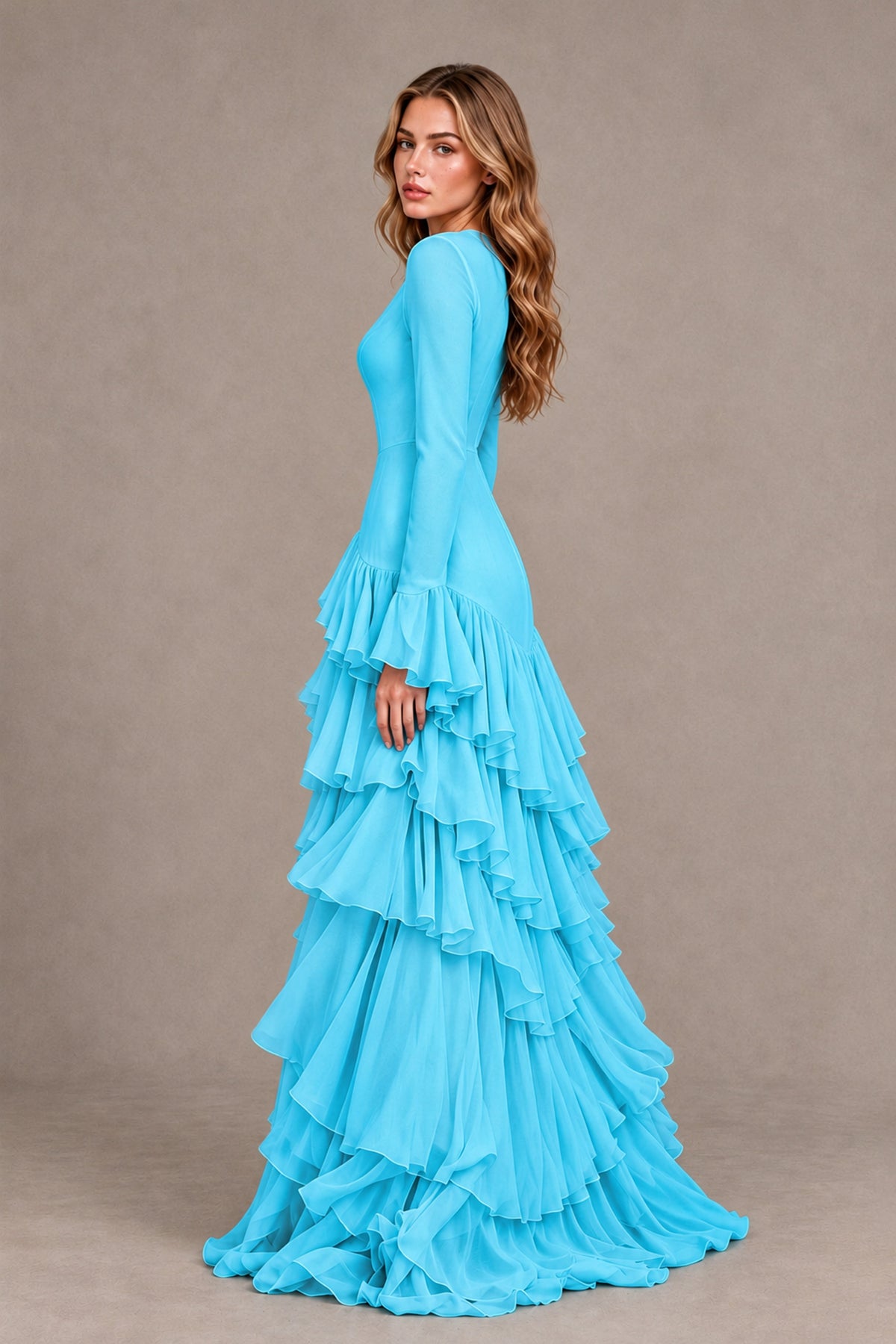 Pool Long Sleeve Tiered Ruffle Evening Gown - Pool - Pool_2
