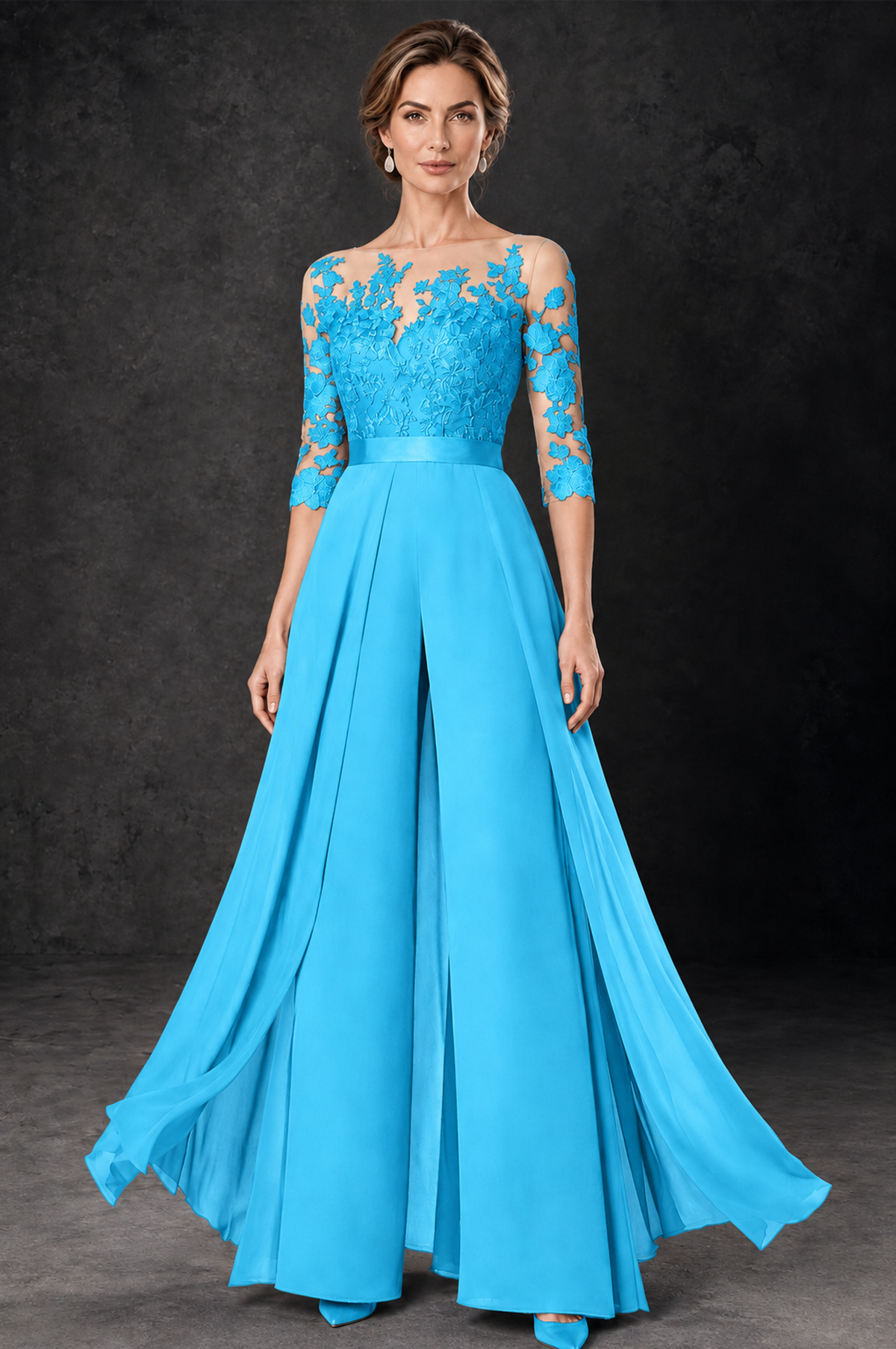 BOLODOO Pool Lace Wide-Leg Jumpsuit with Three-Quarter Sleeves - Pool - Pool_2
