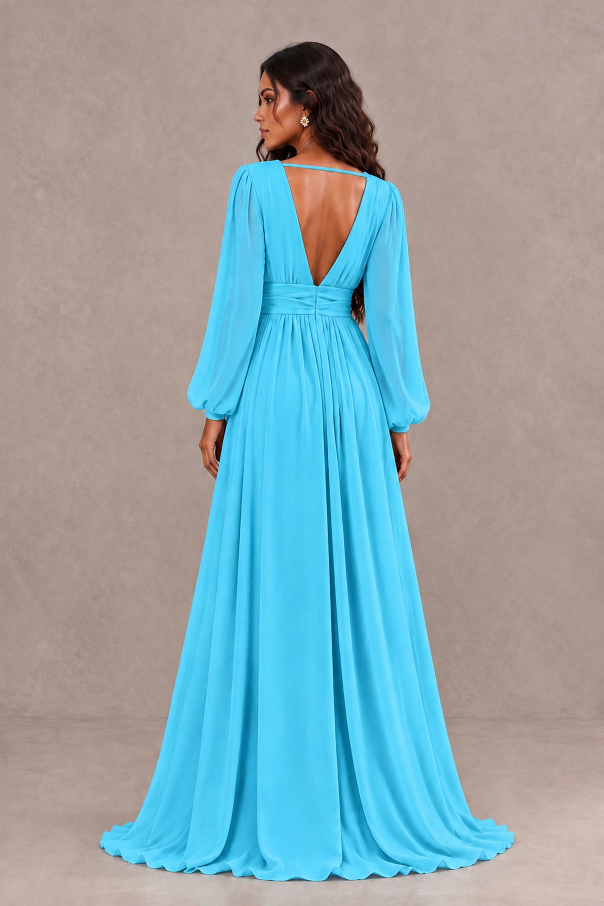 BOLODOO Pool Long Sleeve V-Neck A-Line Gown with Open Back & Slit - Pool - Pool_2