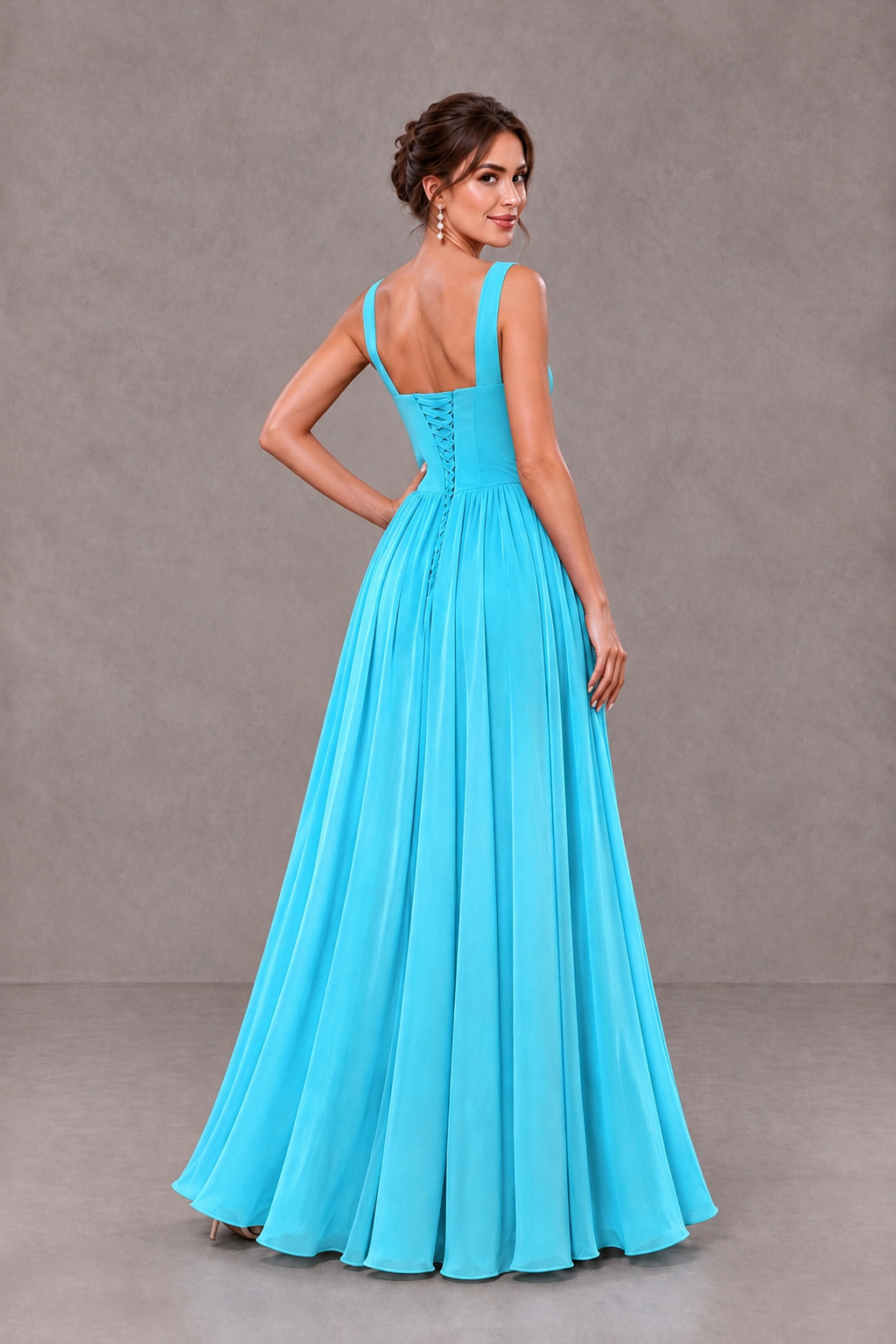 BOLODOO Pool Square Neck A-Line Bridesmaid Dress with Slit - Pool - Pool_2
