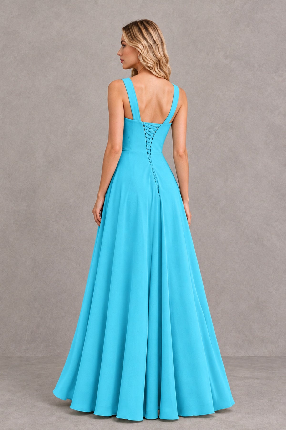 BOLODOO Pool Square Neck Ruffle A-Line Bridesmaid Dress with Slit - Pool - Pool_2