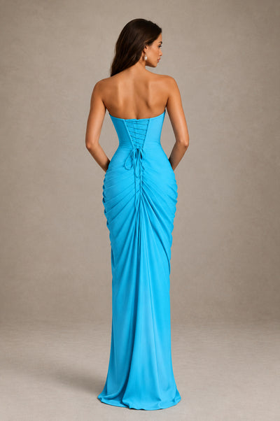 BOLODOO Strapless Draped Maxi Dress - Pool Backless Evening Gown with High Slit - Pool - Pool_2