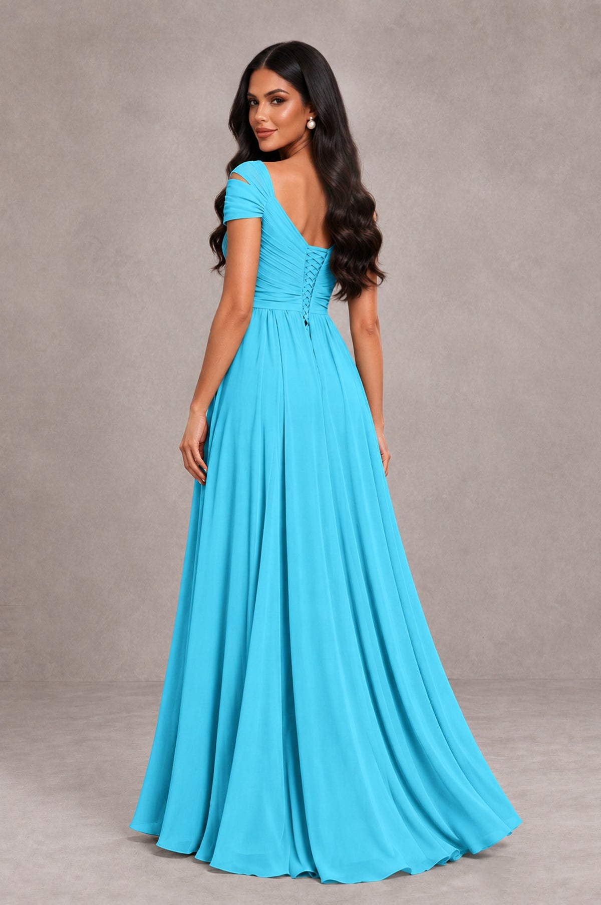 BOLODOO Pool Cold Shoulder Chiffon Evening Dress with V Neck and High Slit - Pool - Pool_2