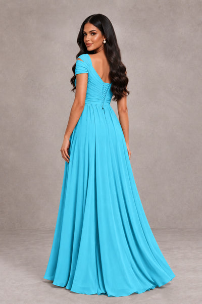 BOLODOO Pool Cold Shoulder Chiffon Evening Dress with V Neck and High Slit - Pool - Pool_2