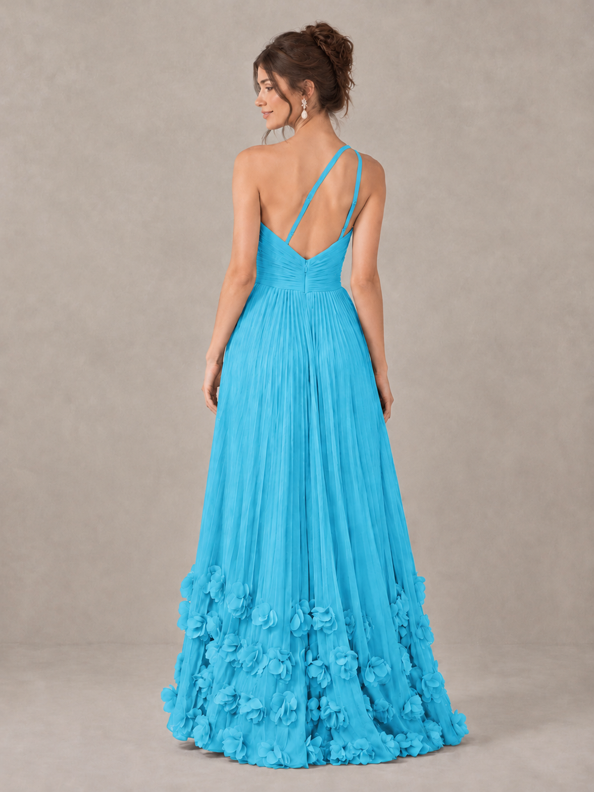 BOLODOO Pool One-Shoulder Pleated Bridesmaid Dress with 3D Floral Hem - Pool - Pool_2