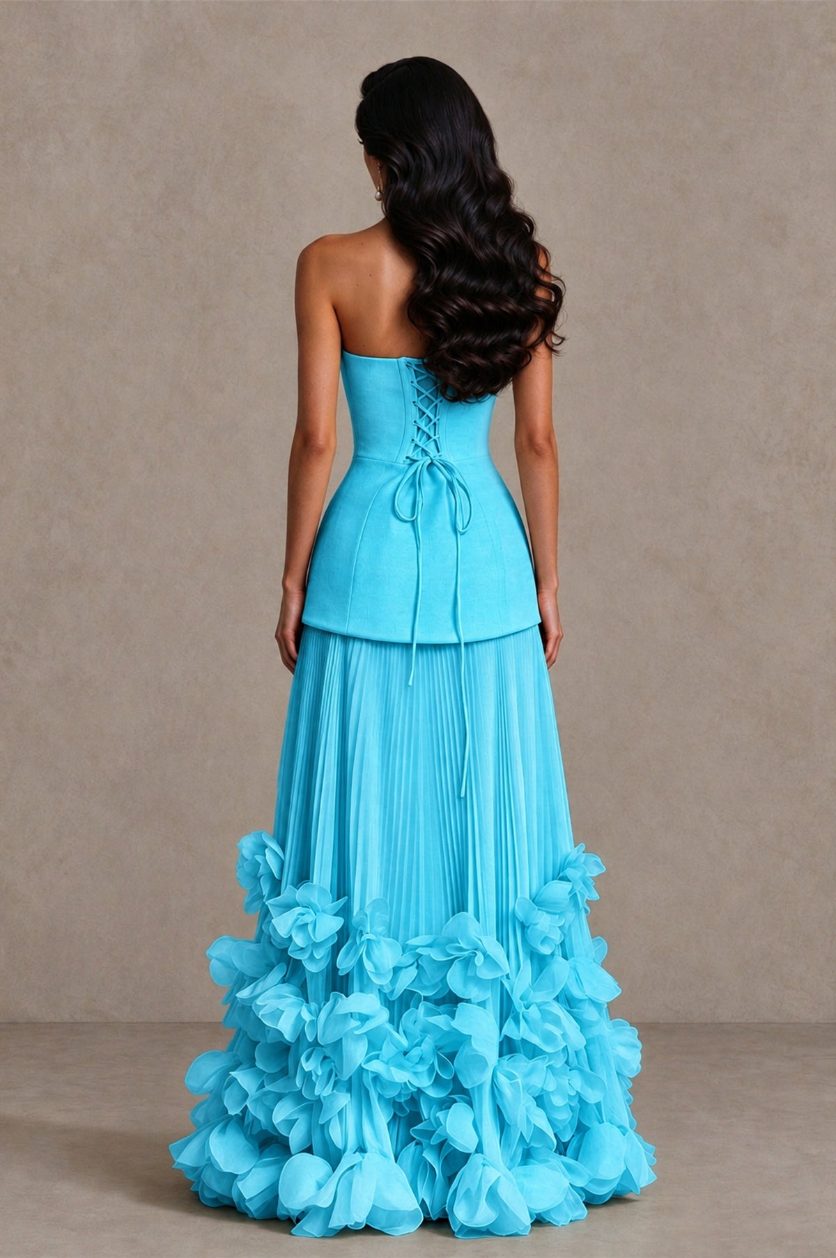 BOLODOO Pool Strapless Pleated Floral Hem Evening Gown - Pool - Pool_2