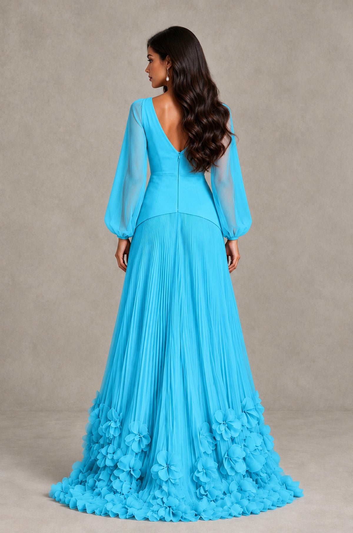 BOLODOO Pool V-Neck Long Sleeve Pleated Floral Hem Evening Dress - Pool - Pool_2