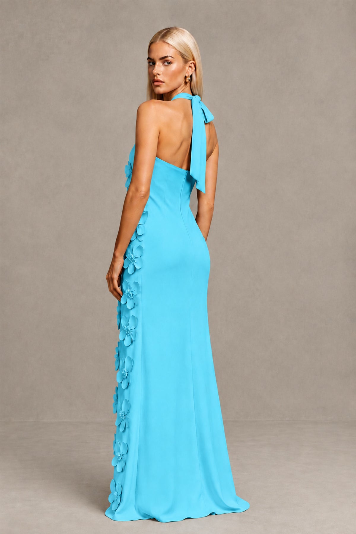 BOLODOO Pool Cross Halter Neck 3D Floral Appliqué Backless Mermaid Maxi Gown - Pool - Pool_2