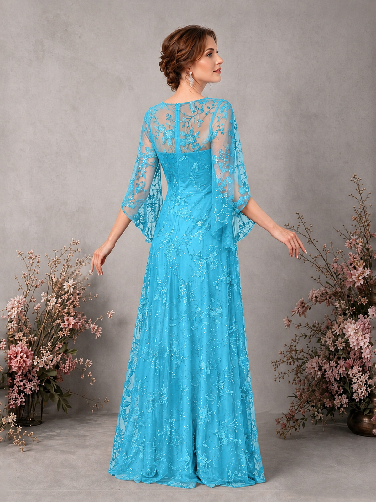 BOLODOO Pool Sequin Lace Cape Sleeve Formal Evening Gown - Pool - Pool_2