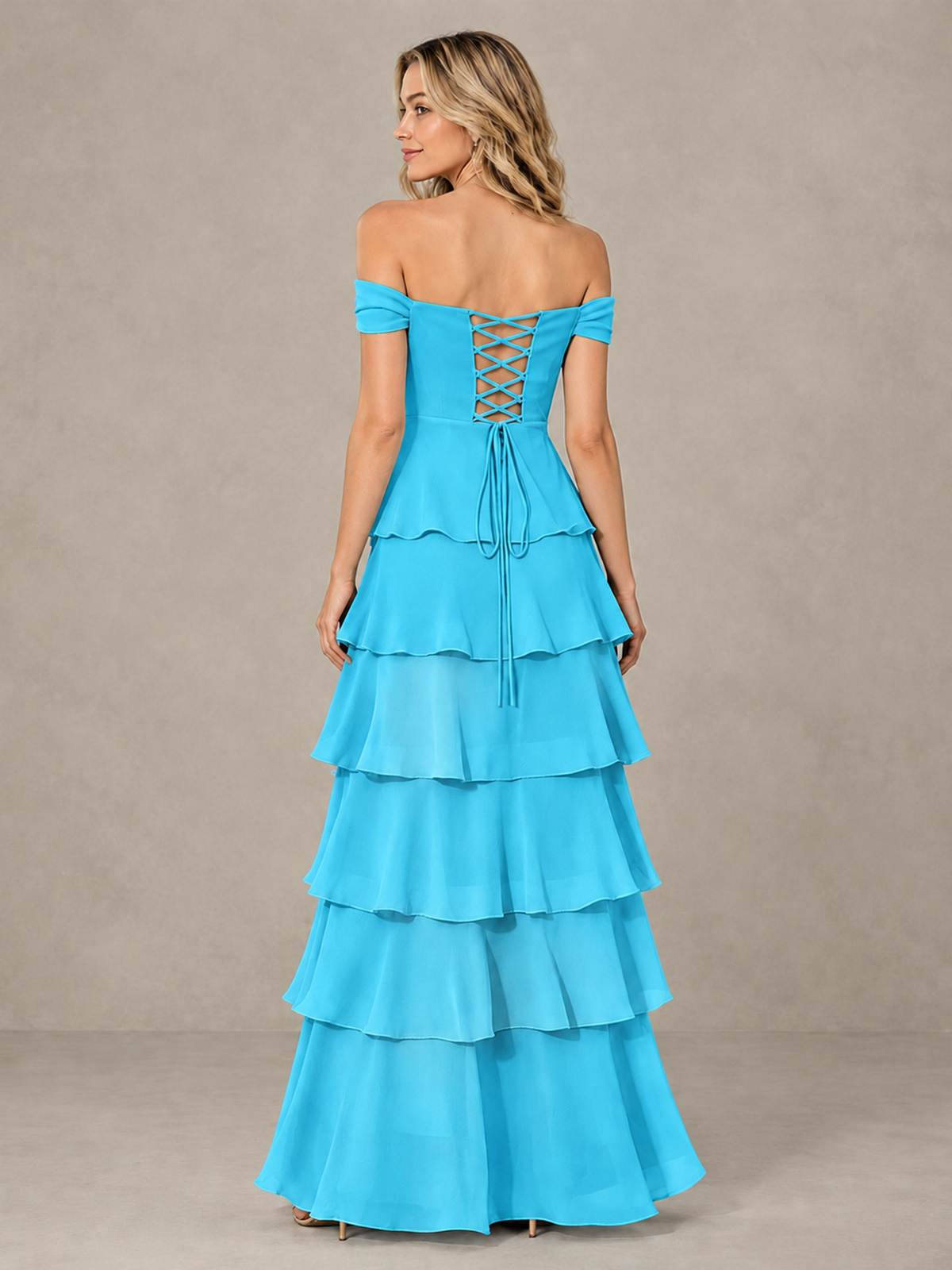 BOLODOO Pool Off-Shoulder Tiered Ruffle Bridesmaid Dress with Lace-Up Back - Pool - Pool_2