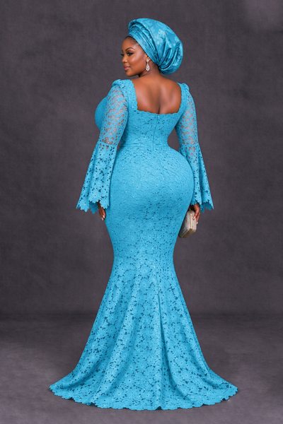 BOLODOO Pool African Lace Mermaid Dress, Plus Size Nigerian Wedding Guest Gown with Bell Sleeves - Pool - Pool_2