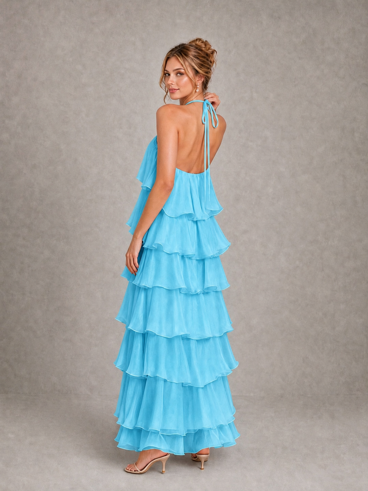 BOLODOO Pool Halter Tiered Ruffle Maxi Bridesmaid Dress - Pool - Pool_2