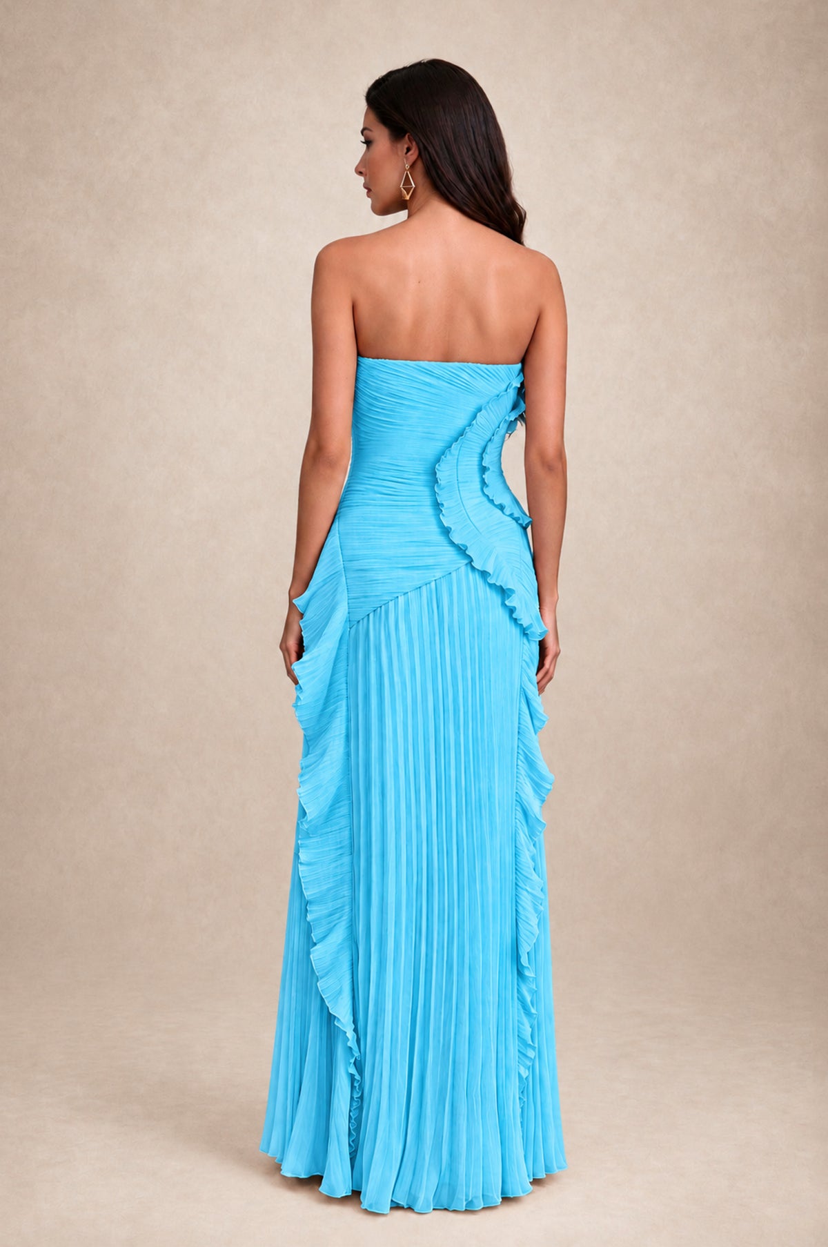 BOLODOO Pool Strapless Ruffle Pleated Slit Evening Gown - Pool - Pool_2