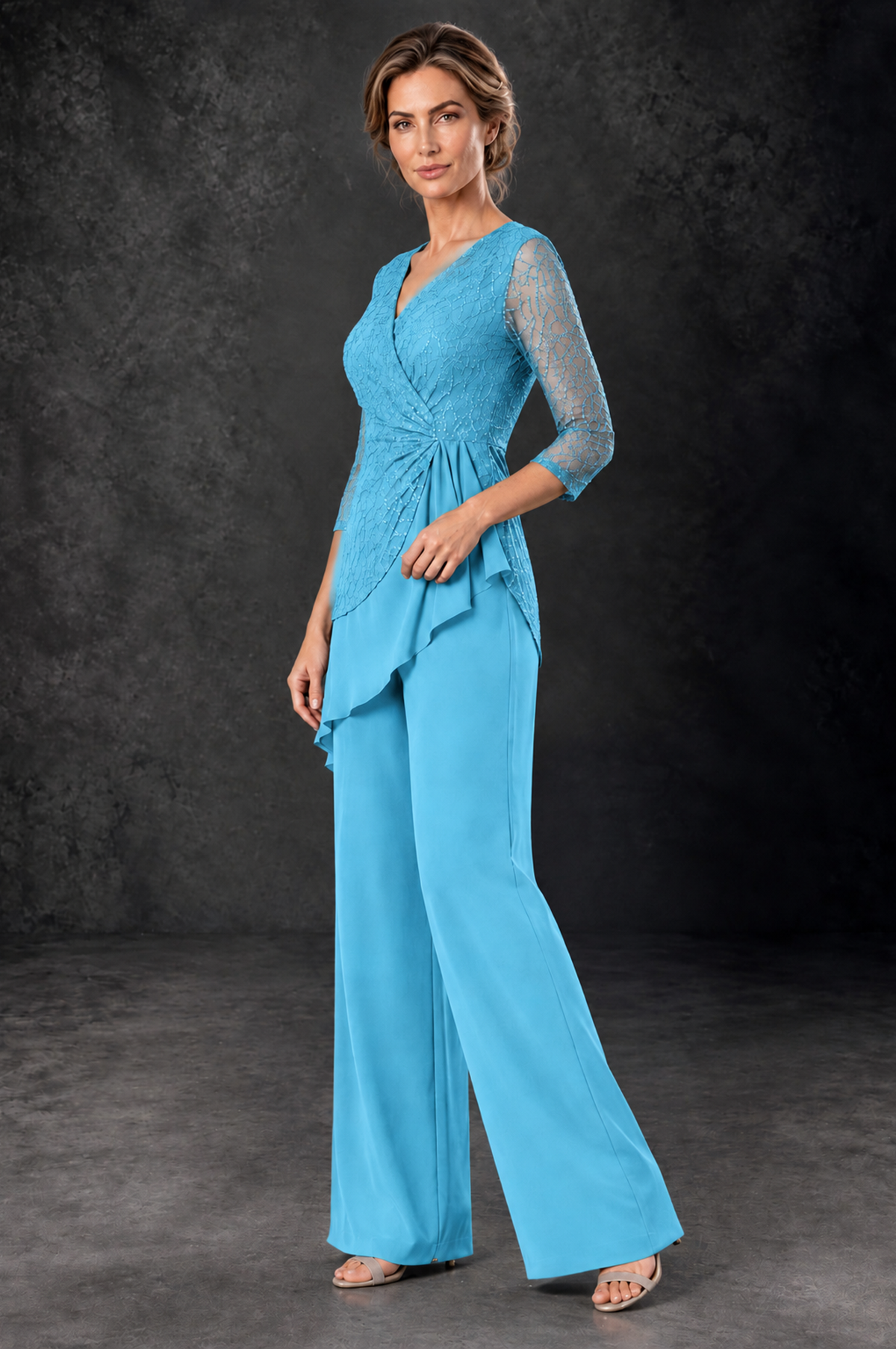 BOLODOO Pool Sequin Lace 3/4 Sleeve Chiffon Mother of the Bride Pant Suit - Pool - Pool_2