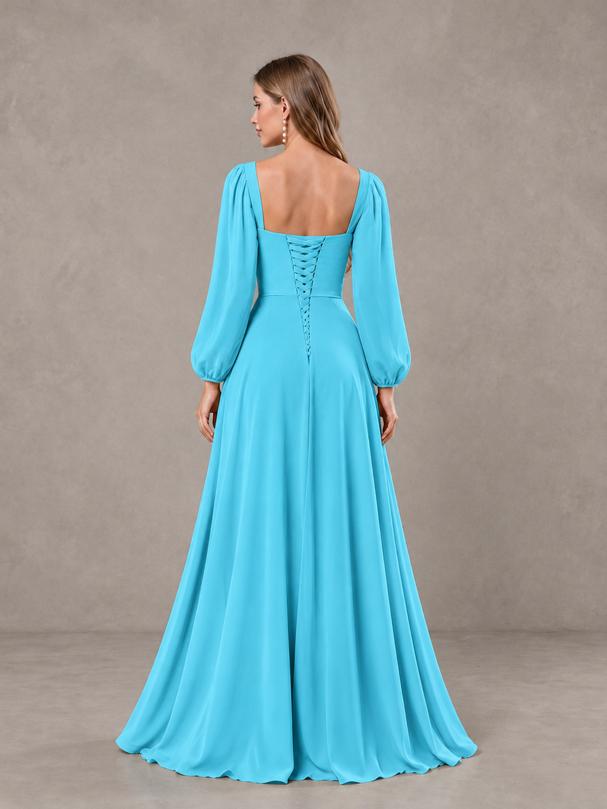 BOLODOO Pool Square Neck Long Sleeve Bridesmaid Dress with Ruffle Slit - Pool - Pool_2