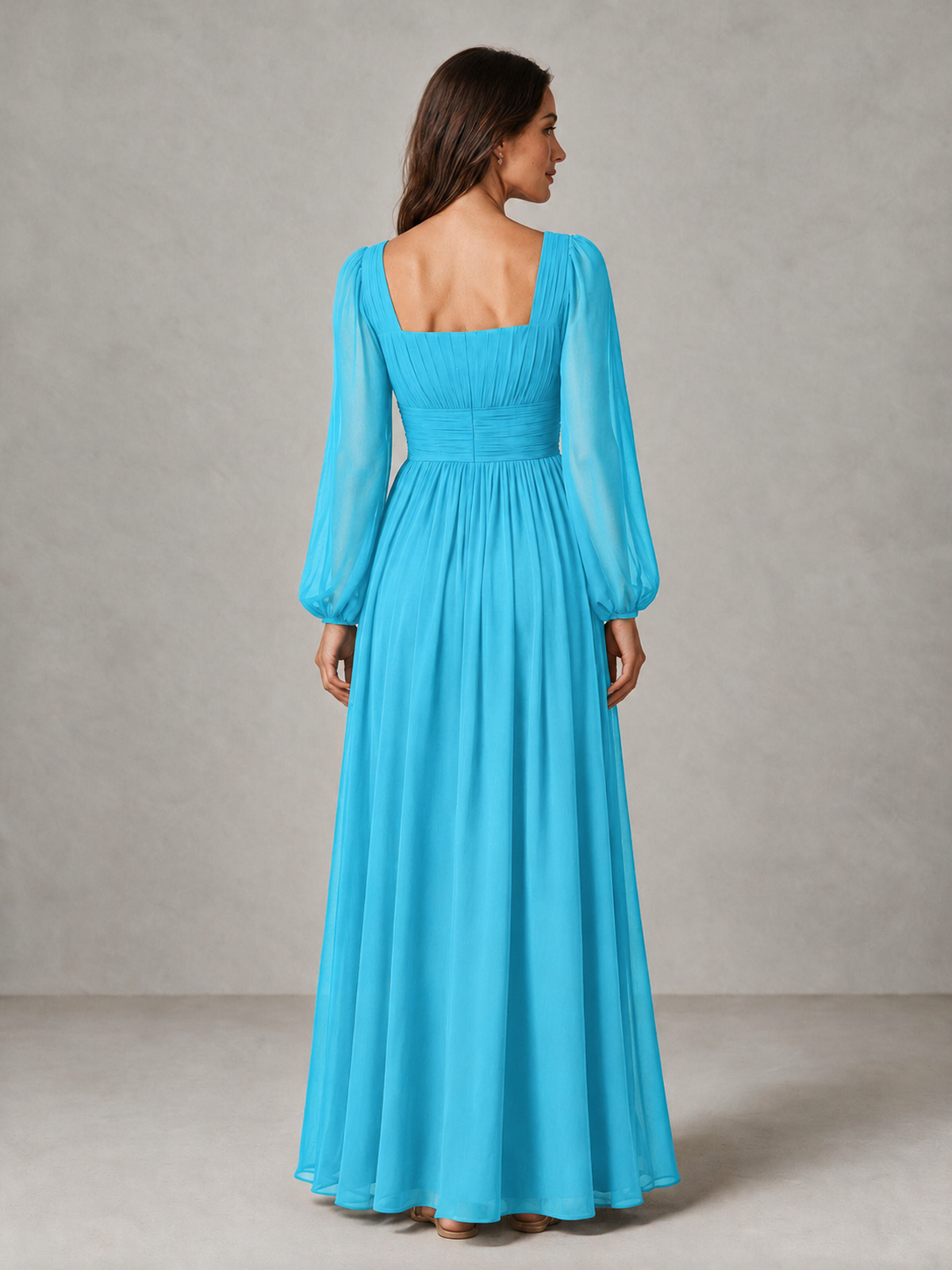 BOLODOO Pool Square Neck Long Sleeve Chiffon Bridesmaid Dress - Pool - Pool_2