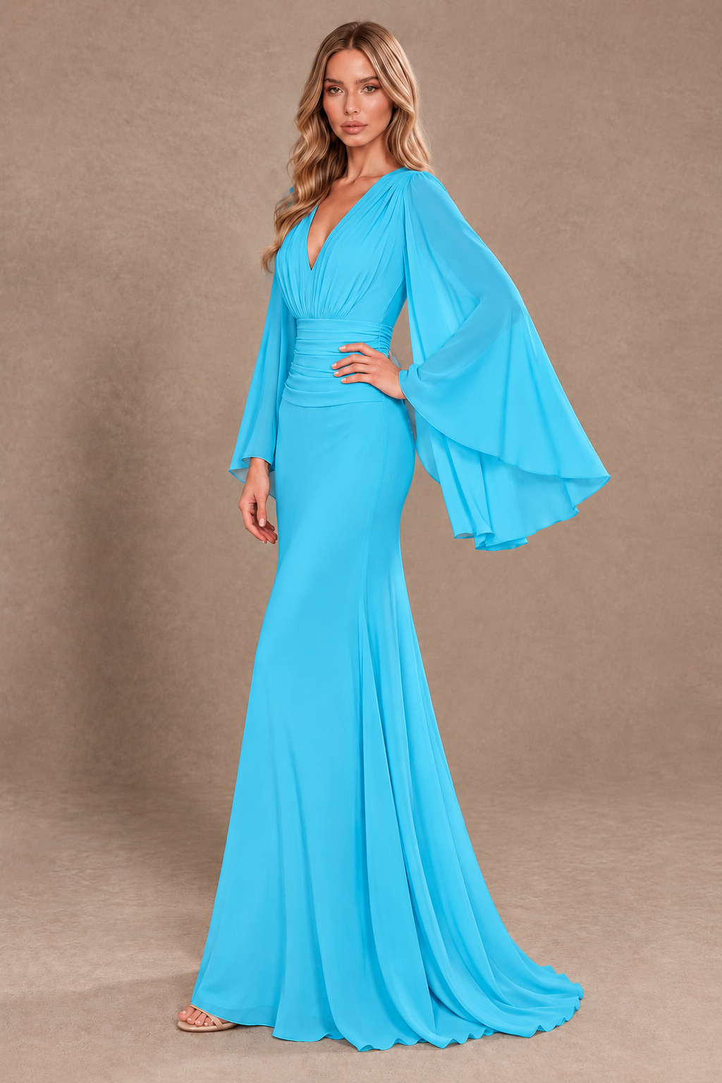 BOLODOO Pool Cape Sleeve V-Neck Ruched Chiffon Evening Dress - Pool - Pool_2