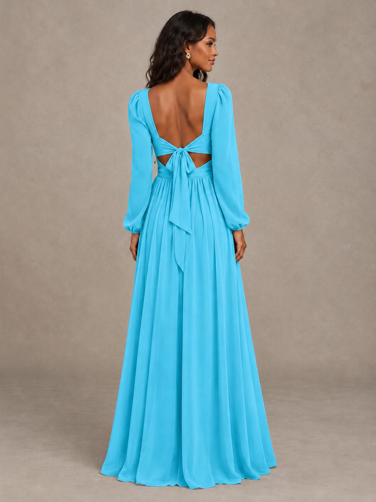 BOLODOO Pool V-Neck Long Sleeve Bridesmaid Dress with Tie Back and Slit - Pool - Pool_2