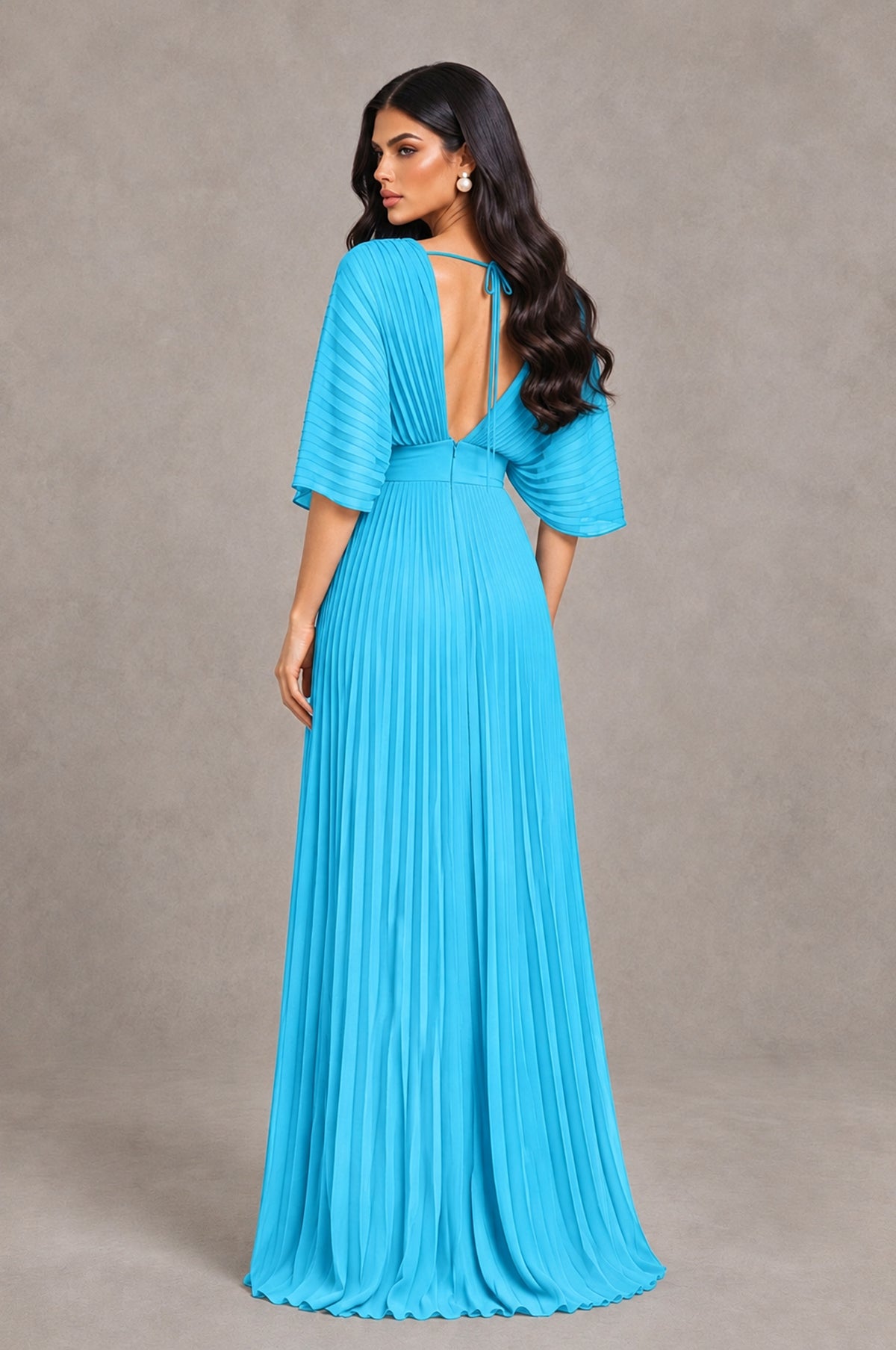 BOLODOO Pool V-Neck Pleated Flutter Sleeve Formal Dress - Pool - Pool_2