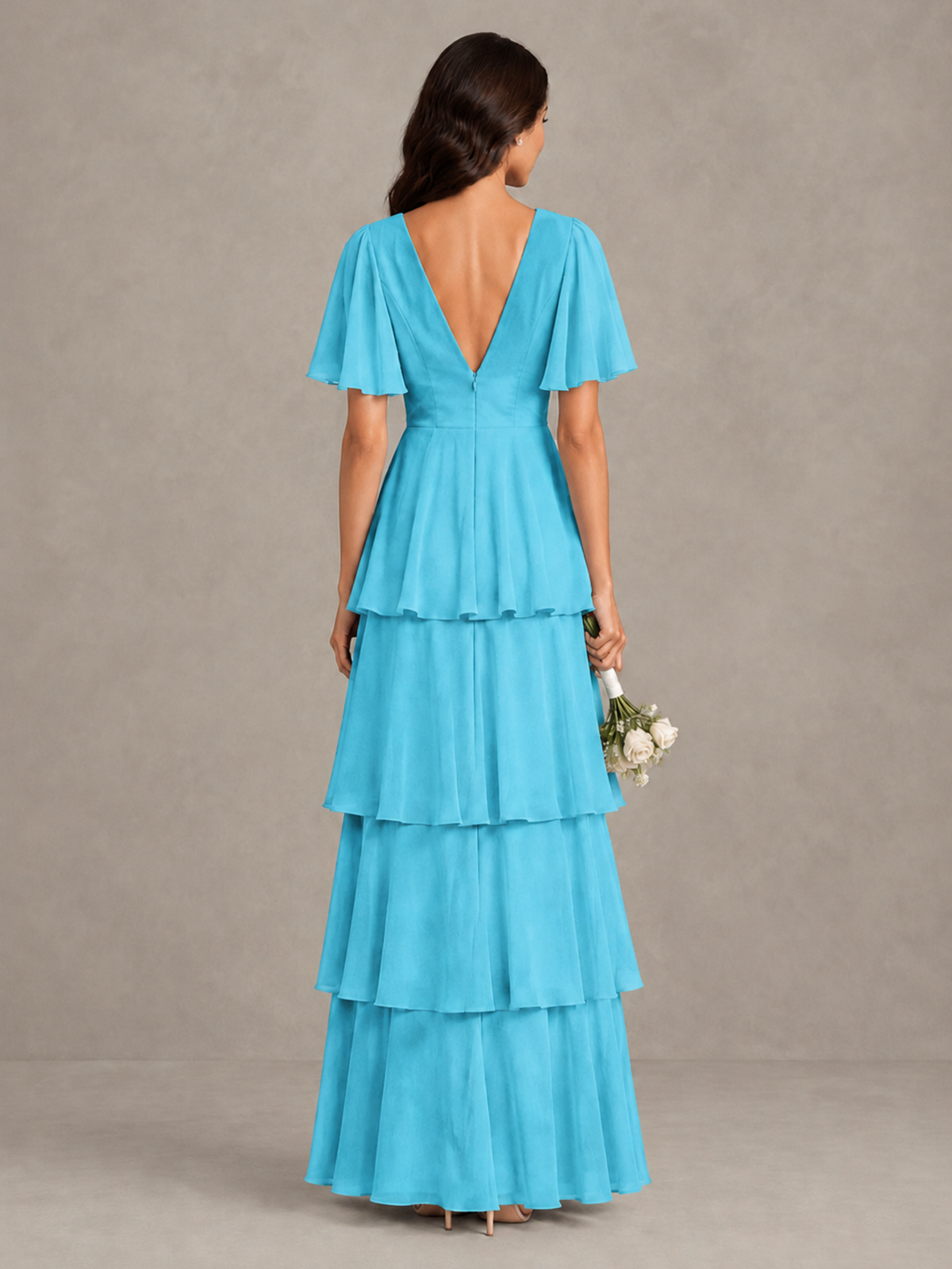 BOLODOO Pool Tiered Flutter Sleeve Bridesmaid Dress - Pool - Pool_2